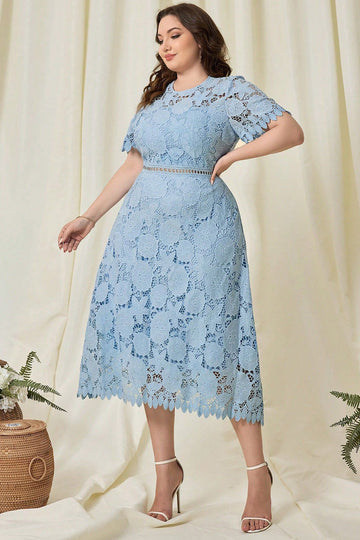 Sky Blue Lace Plus Size Midi Mother of the Bride Dress with Short Sleeves